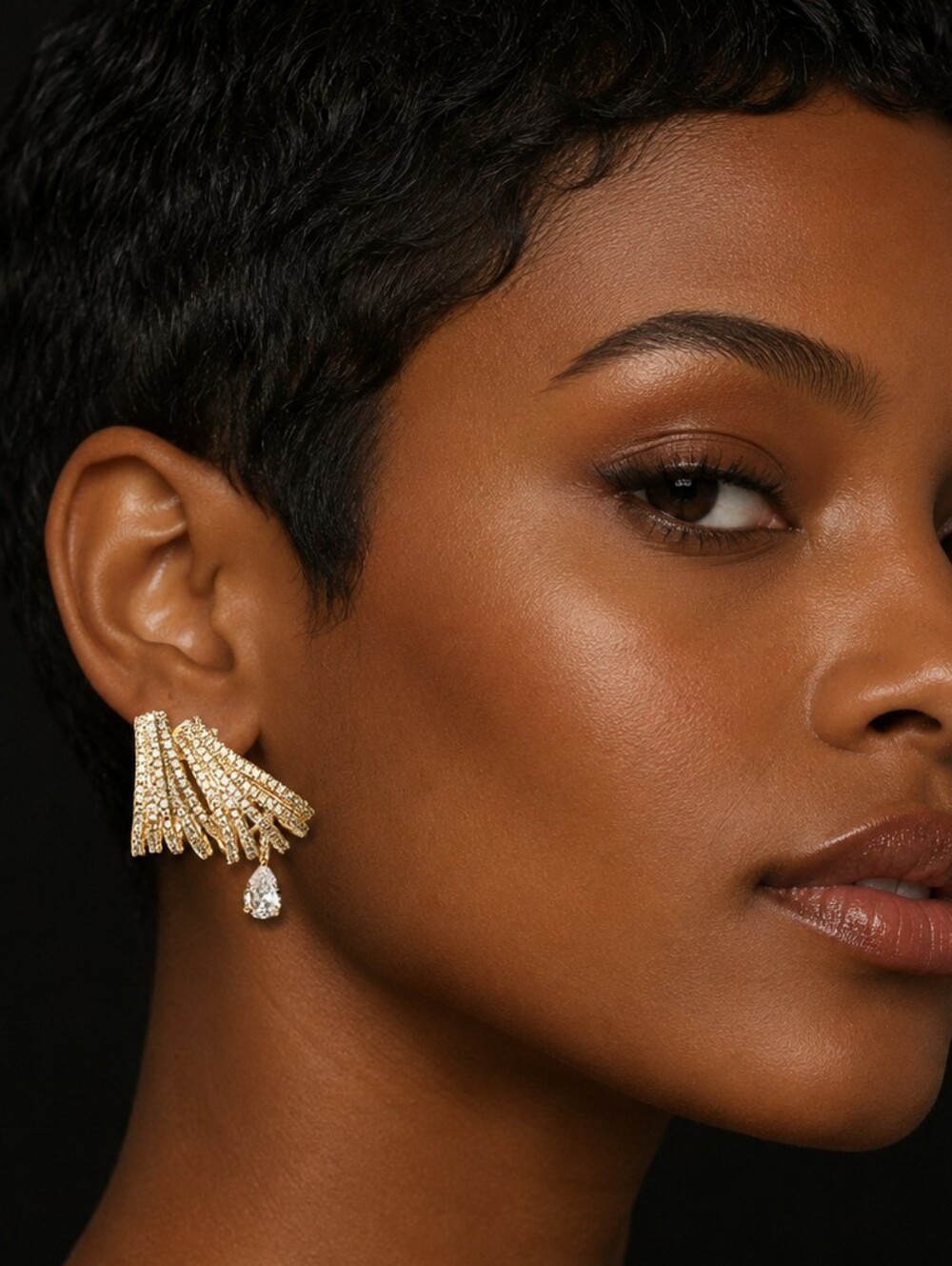 Gold Pave Double Claw Cluster Earrings with Pear Shape Dangle